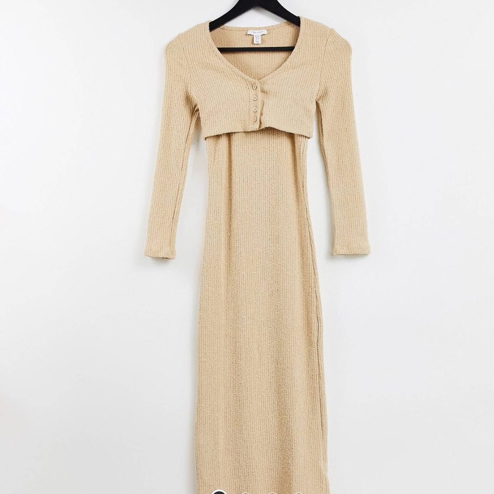 Topshop petite fluffy rib cardigan midi dress in beige